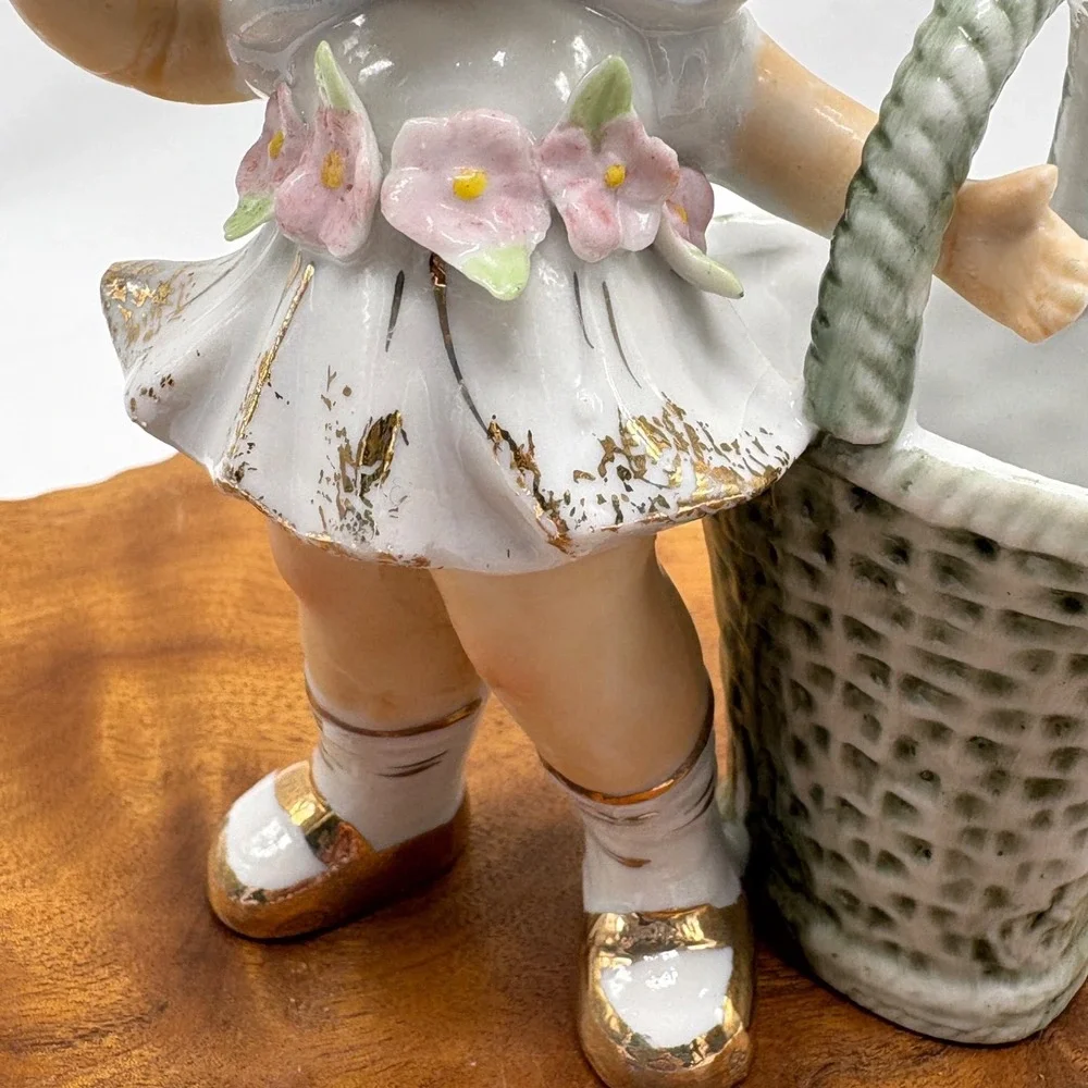 Vintage Vase Porcelain Girl With Basket Planter Long Lashes With Flowers